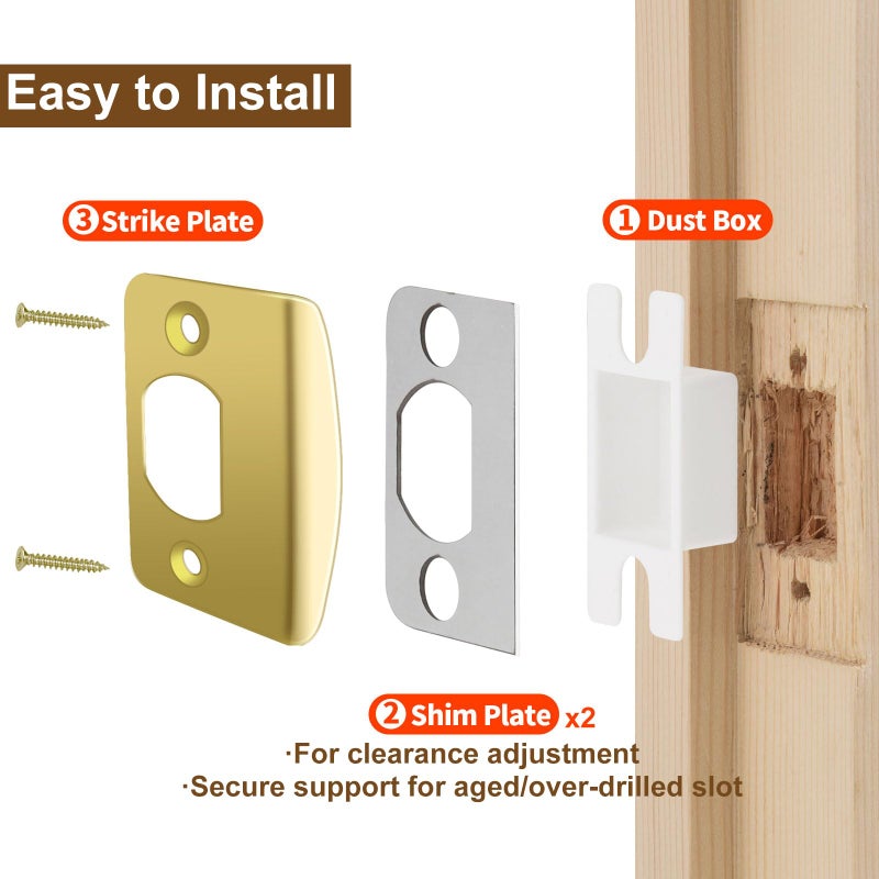 MOSECYOU Standard Strike Plates with Repair Kits, Door Latch Restorer Striker with Sub-Plates and Wood Dowels, Fix Aged Strike Opening (Gold, 1 Pack) - Image 3